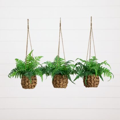 10" UV Resistant Artificial Boston Fern in Hanging Wicker Basket (Indoor/Outdoor) - Set of 3