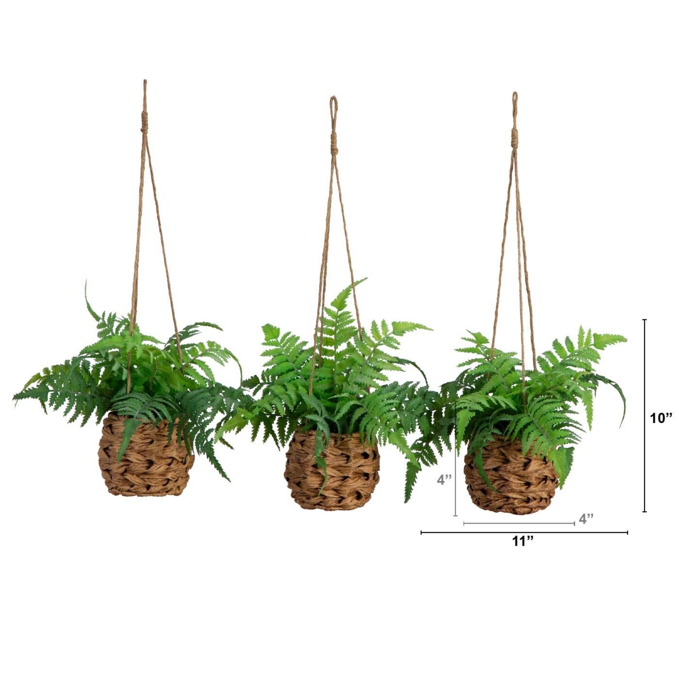 10" UV Resistant Artificial Boston Fern in Hanging Wicker Basket (Indoor/Outdoor) - Set of 3