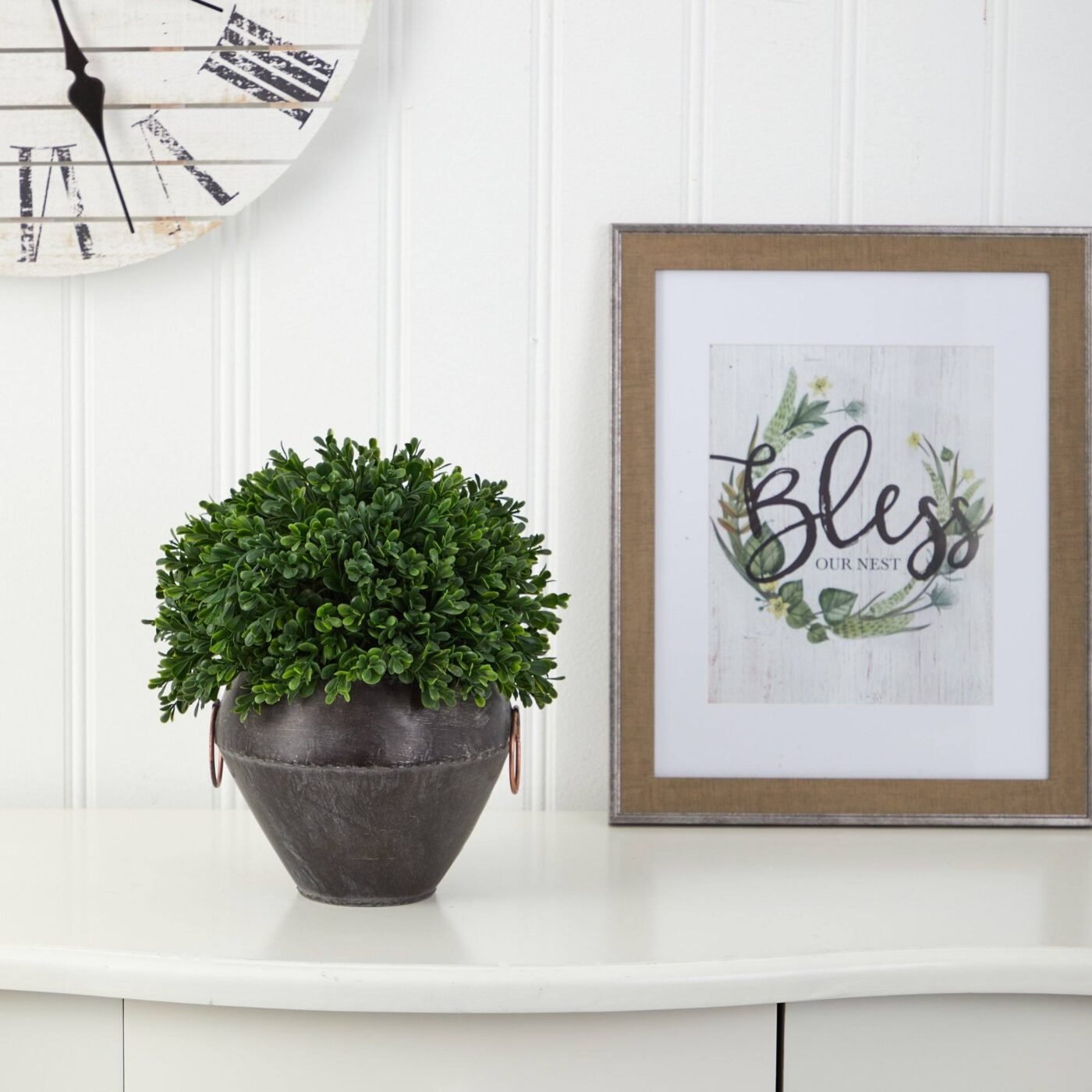 11" Boxwood Topiary Artificial Plant in Metal Bowl (Indoor/Outdoor)
