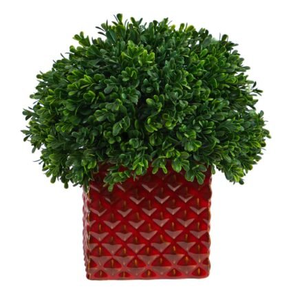 11" Boxwood Topiary Artificial Plant in Red Planter (Indoor/Outdoor)