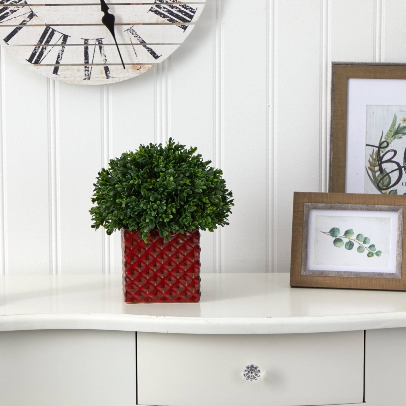 11" Boxwood Topiary Artificial Plant in Red Planter (Indoor/Outdoor)