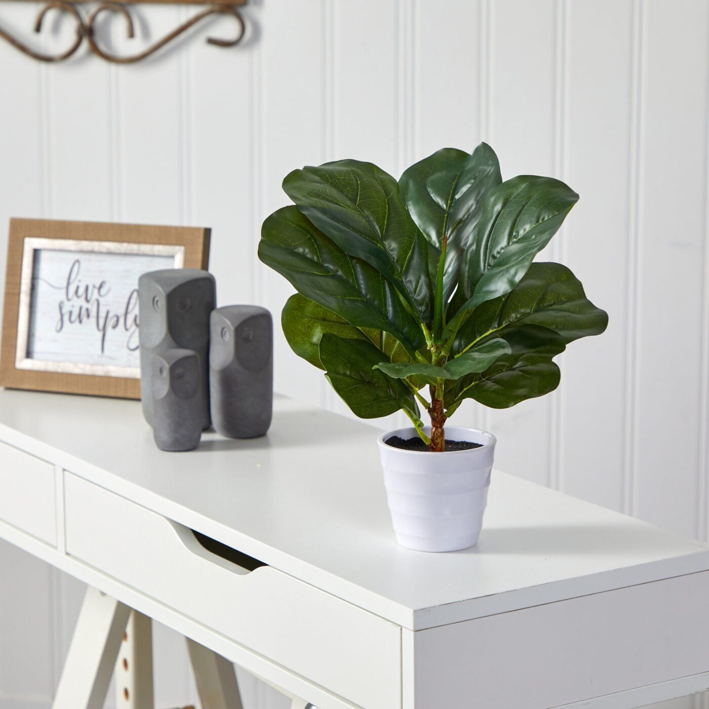 11" Fiddle Leaf Artificial Plant in White Planter (Real Touch)