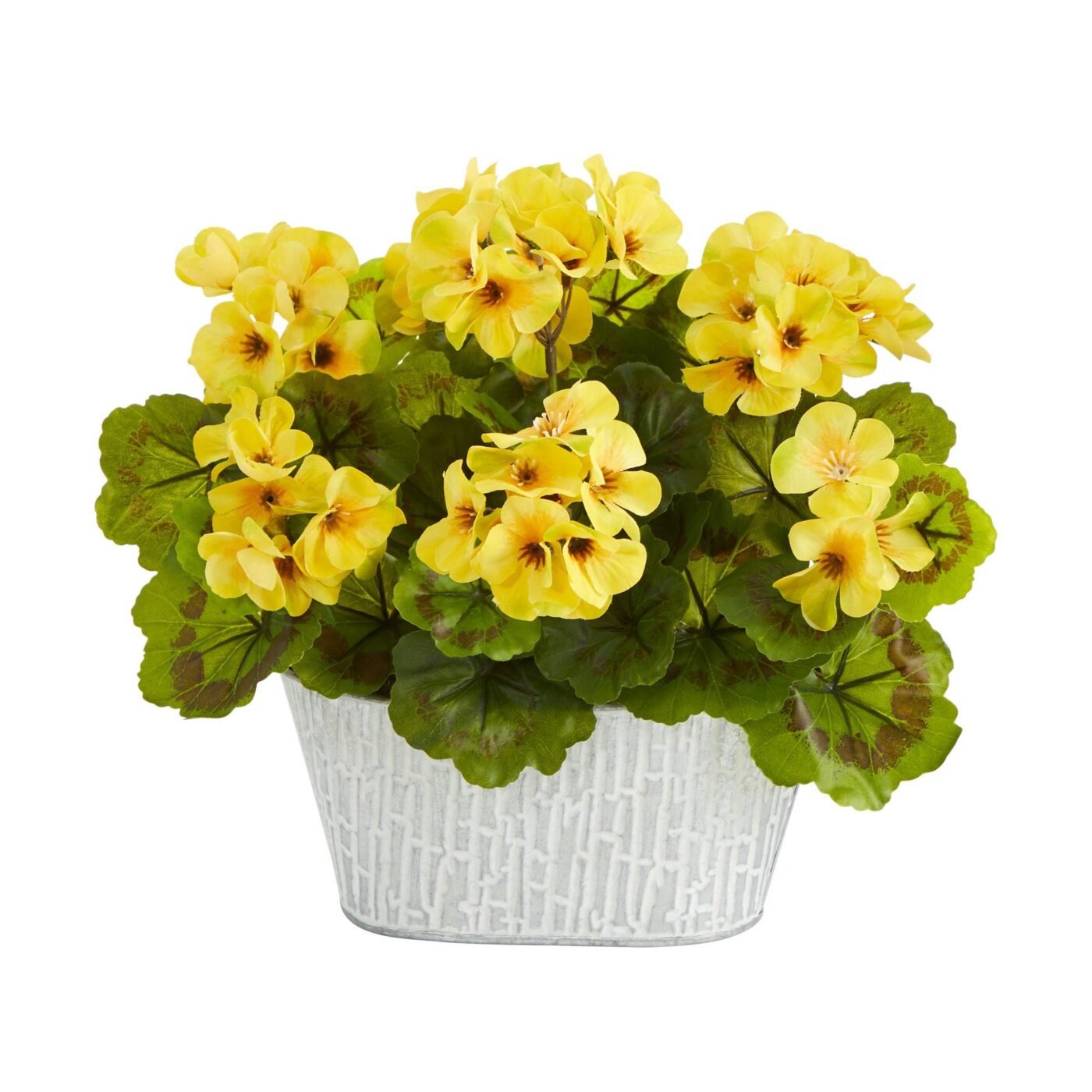 12" Geranium Artificial Plant in White Tin Planter UV Resistant (Indoor/Outdoor)