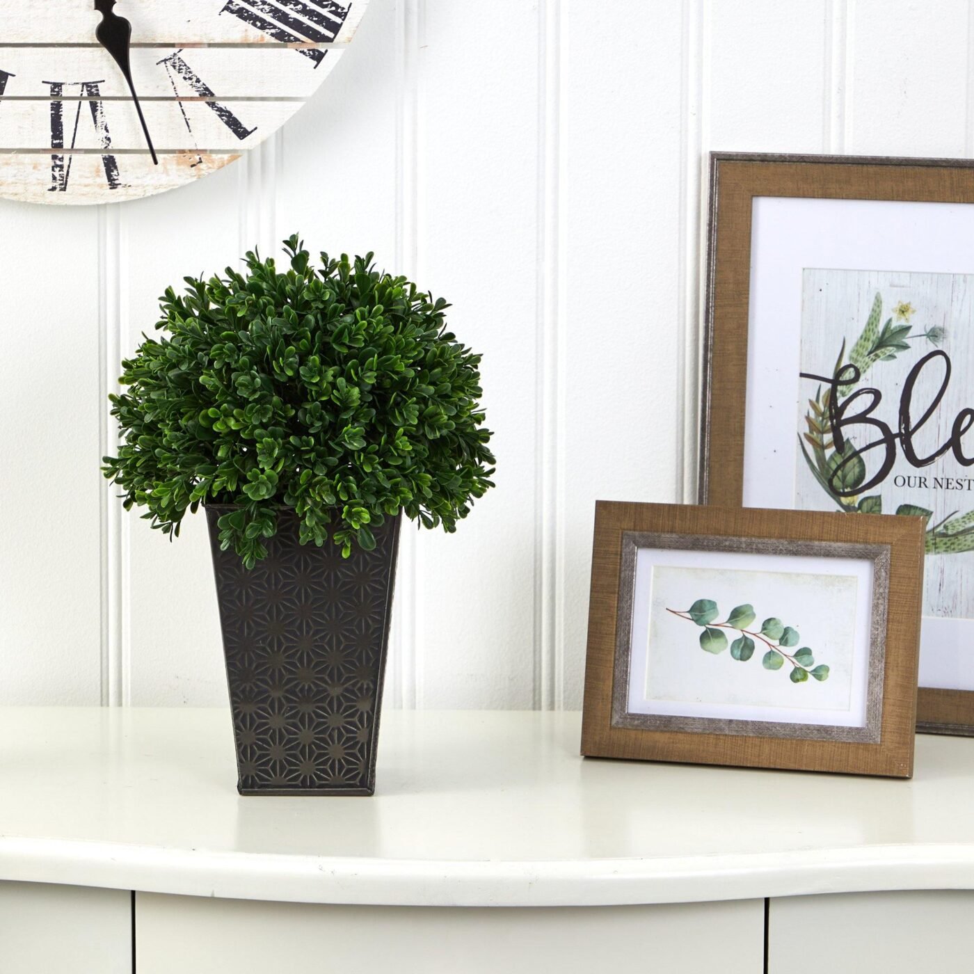 13" Boxwood Topiary Artificial Plant in Embossed Black Planter (Indoor/Outdoor)