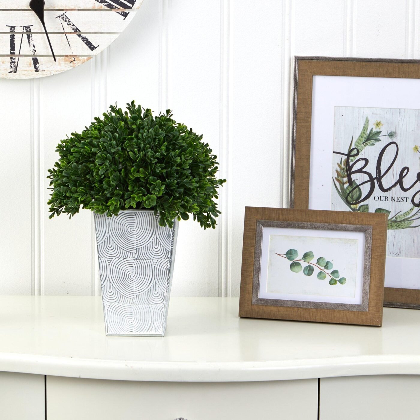 13" Boxwood Topiary Artificial Plant in Embossed White Planter(Indoor/Outdoor)