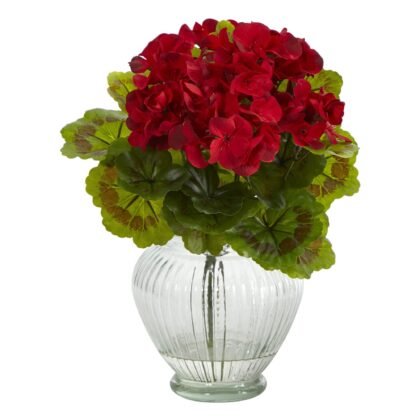 13" Geranium Artificial Plant in Glass Planter UV Resistant (Indoor/Outdoor)
