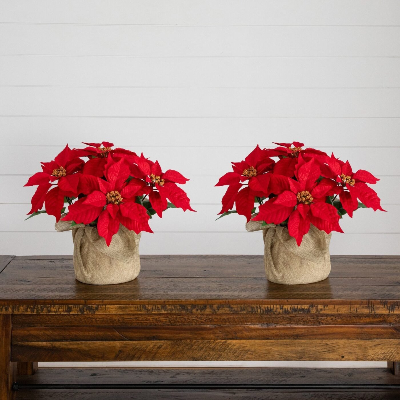 13" Artificial Poinsettia Arrangement in Burlap Planter - Set of 2