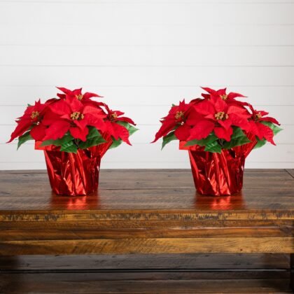 13" Artificial Poinsettia Arrangement in Red Wrapped Planter - Set of 2
