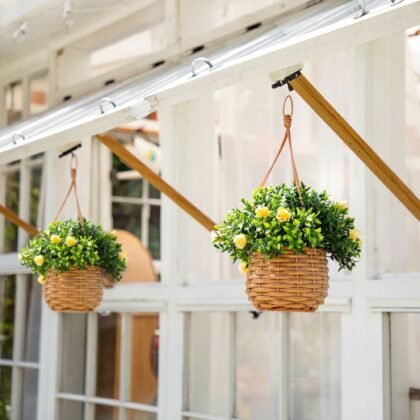 13" UV Resistant Artificial Mini Rose and Aptenia in Woven Hanging Basket (Indoor/Outdoor) - Set of 2