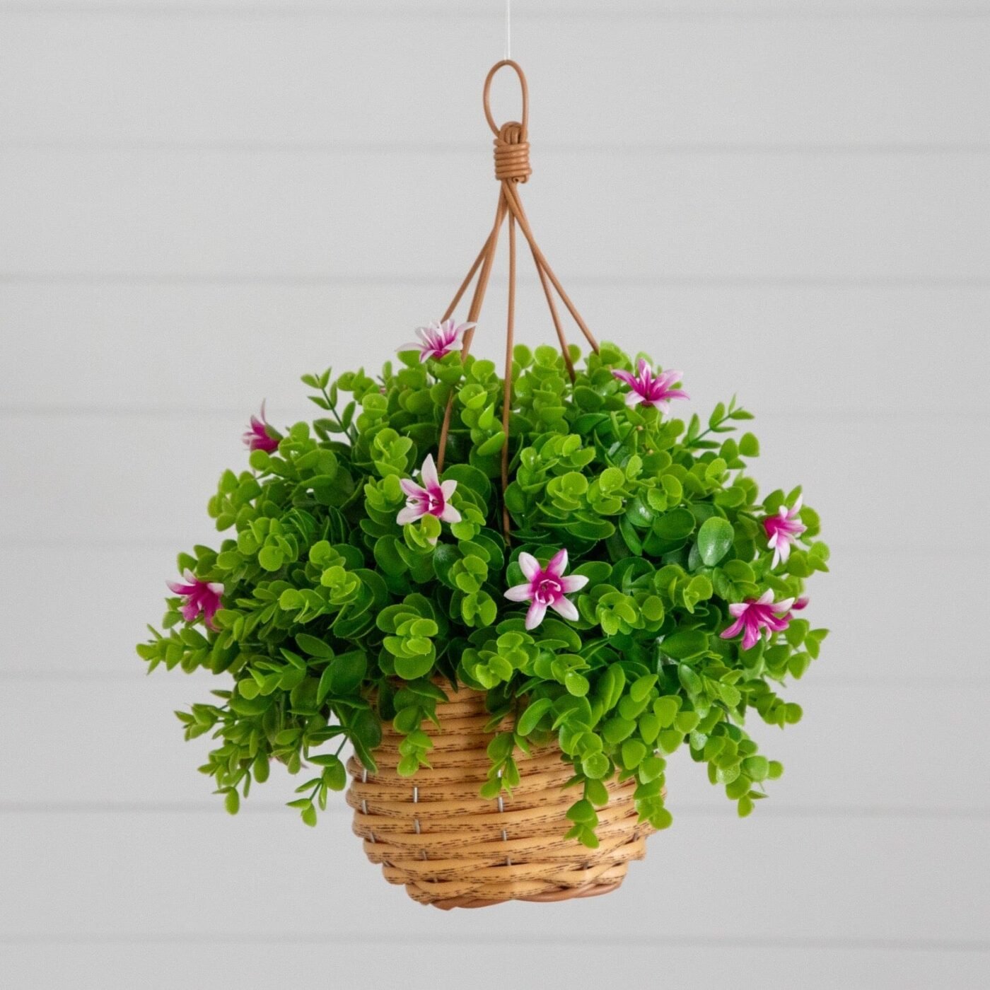 13" UV Resistant Artificial Lily and Eucalyptus Woven Hanging Basket (Indoor/Outdoor)