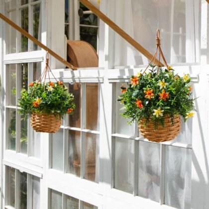 13" UV Resistant Artificial Lily and Mixed Greens in Woven Hanging Basket (Indoor/Outdoor) - Set of 2