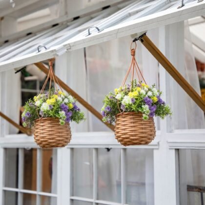 13" UV Resistant Artificial Dandelion and Rosemary in Woven Hanging Basket (Indoor/Outdoor) -Set of 2