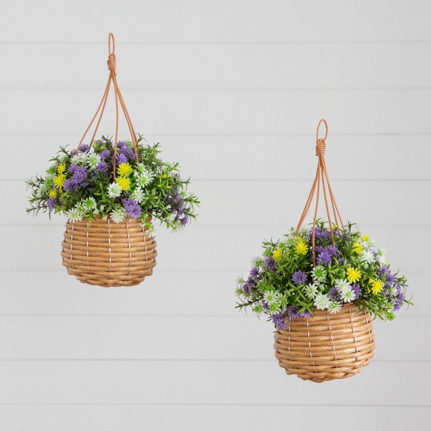13" UV Resistant Artificial Dandelion and Rosemary in Woven Hanging Basket (Indoor/Outdoor) -Set of 2