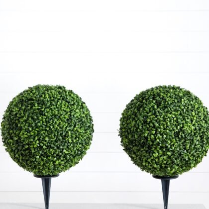 14" Artificial Boxwood Ball Topiary with Integrated Ground Stake UV Resistant - Set of 2