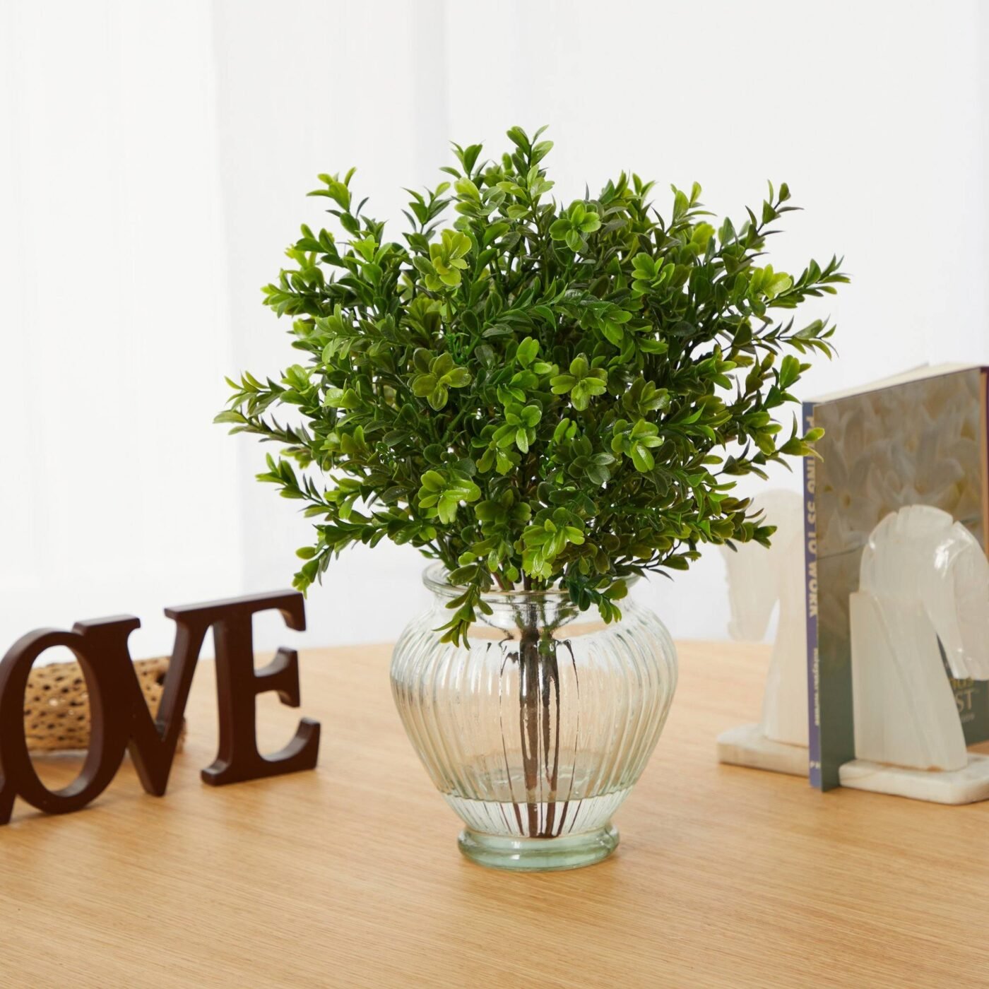 14" Boxwood Artificial Plant in Glass Planter (Indoor/Outdoor)