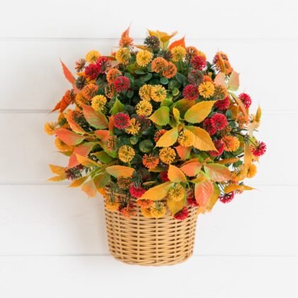 14" UV Resistant Autumn Artificial Mixed Fall Mum in Wicker Basket (Indoor/Outdoor)