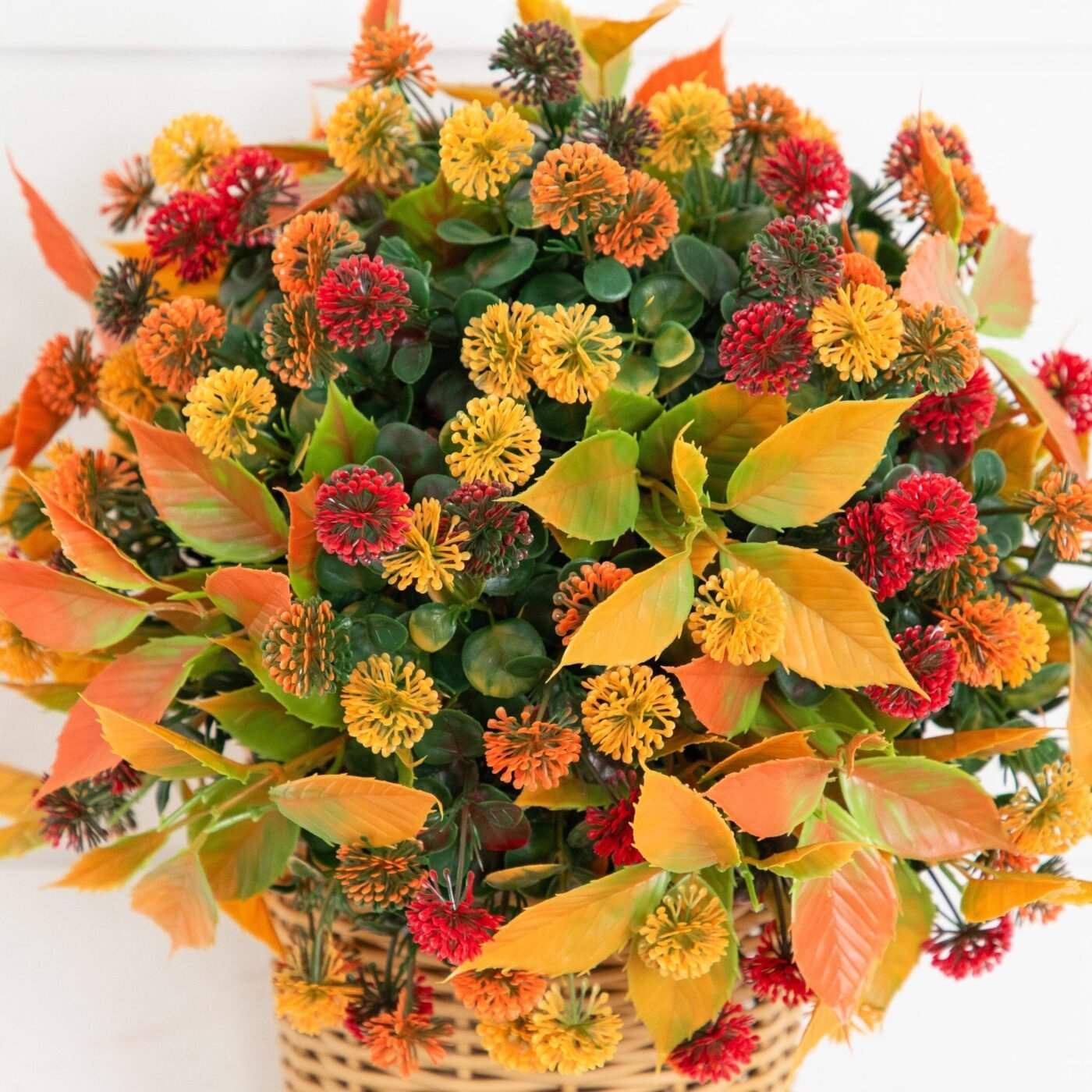 14" UV Resistant Autumn Artificial Mixed Fall Mum in Wicker Basket (Indoor/Outdoor)