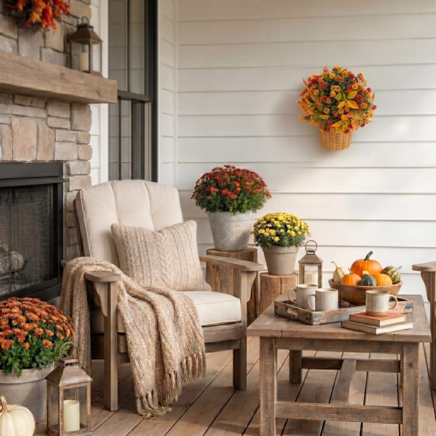 14" UV Resistant Autumn Artificial Mixed Fall Mum in Wicker Basket (Indoor/Outdoor)