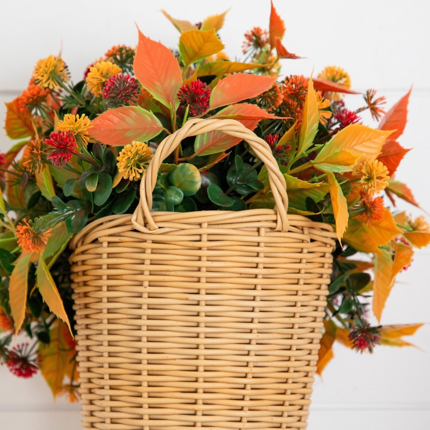 14" UV Resistant Autumn Artificial Mixed Fall Mum in Wicker Basket (Indoor/Outdoor)