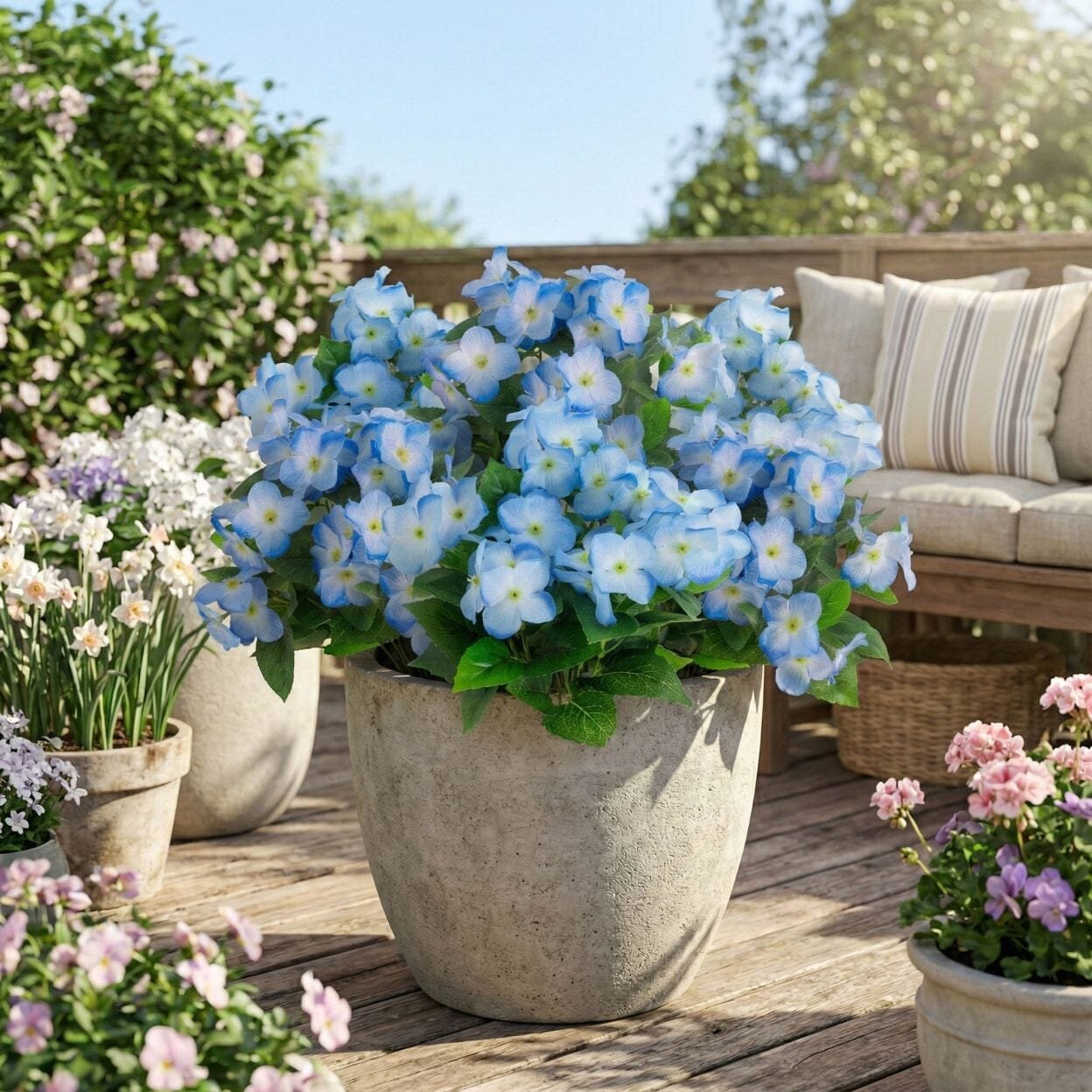 14" UV Resistant Artificial Hydrangea Bush (Indoor/Outdoor) - Set of 6