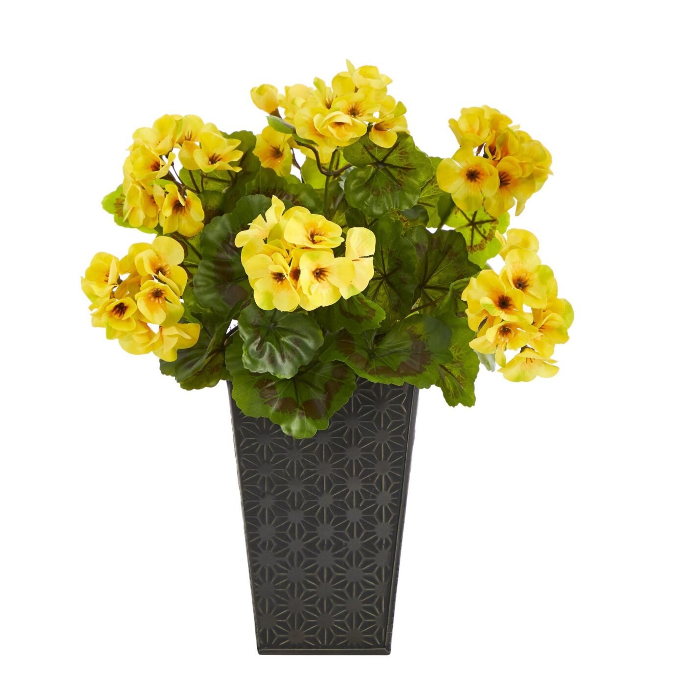 15" Geranium Artificial Plant in Embossed Black Planter UV Resistant (Indoor/Outdoor)