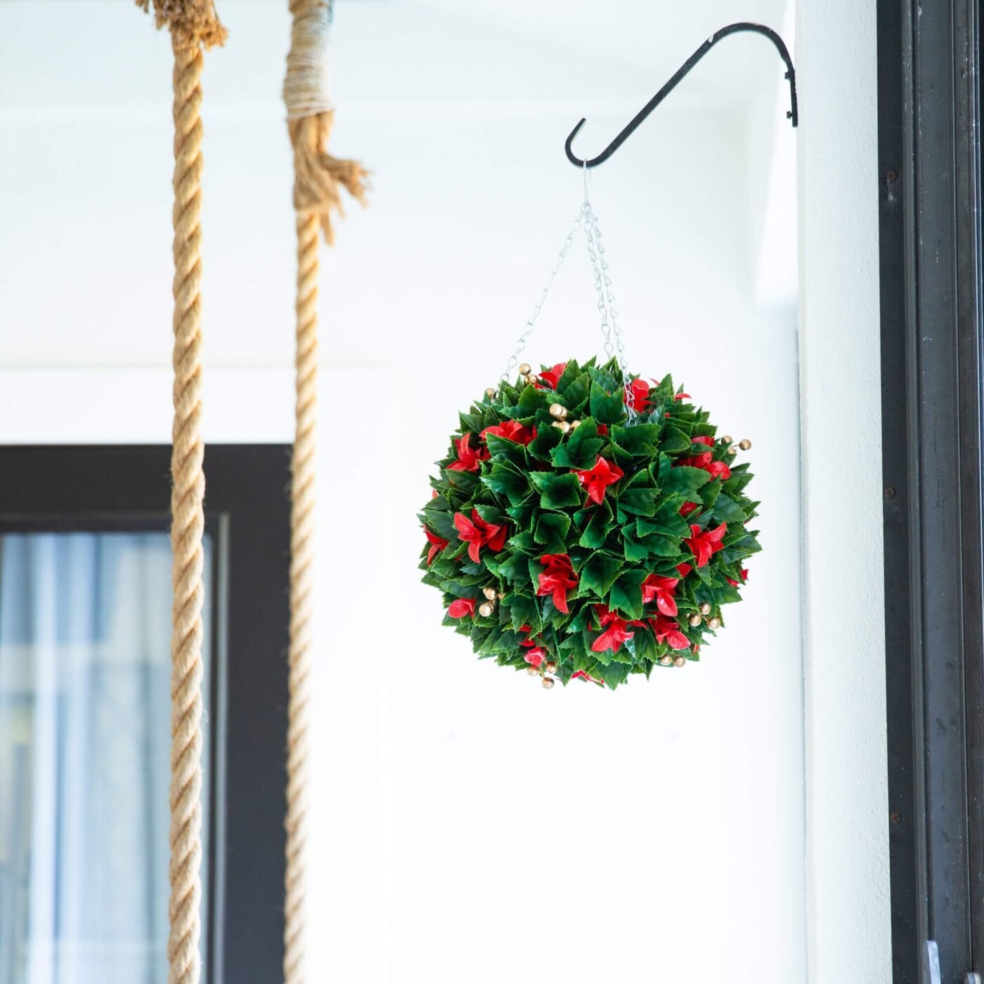 15" UV Resistant Artificial Red Tip Photinia Christmas Hanging Ball with Gold Berries (Indoor/Outdoor)