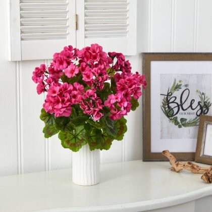 18" Geranium Artificial Plant in White Planter UV Resistant (Indoor/Outdoor)
