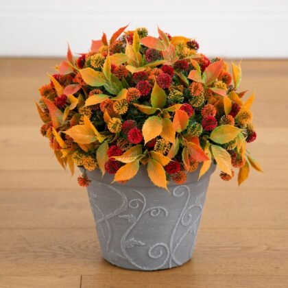 15.5" UV Resistant Autumn Artificial Mixed Fall Mum in Decorative Gray Planter (Indoor/Outdoor)