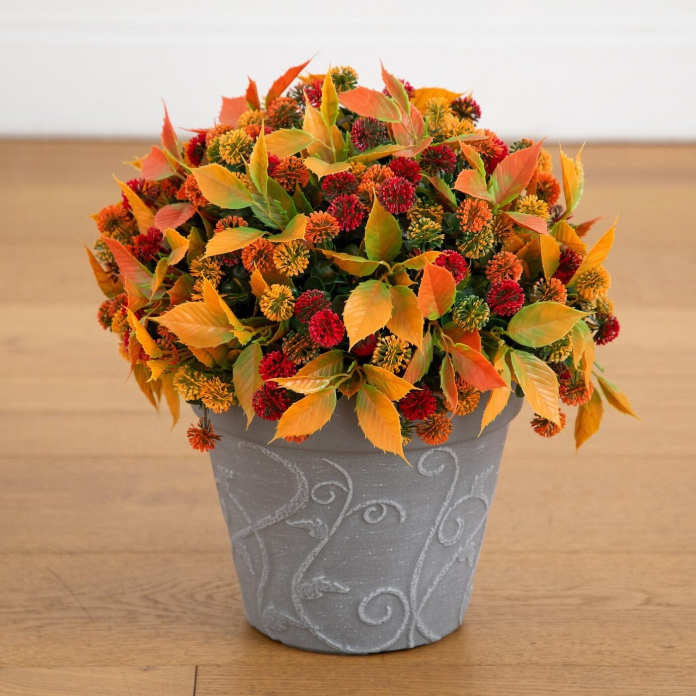 15.5" UV Resistant Autumn Artificial Mixed Fall Mum in Decorative Gray Planter (Indoor/Outdoor)