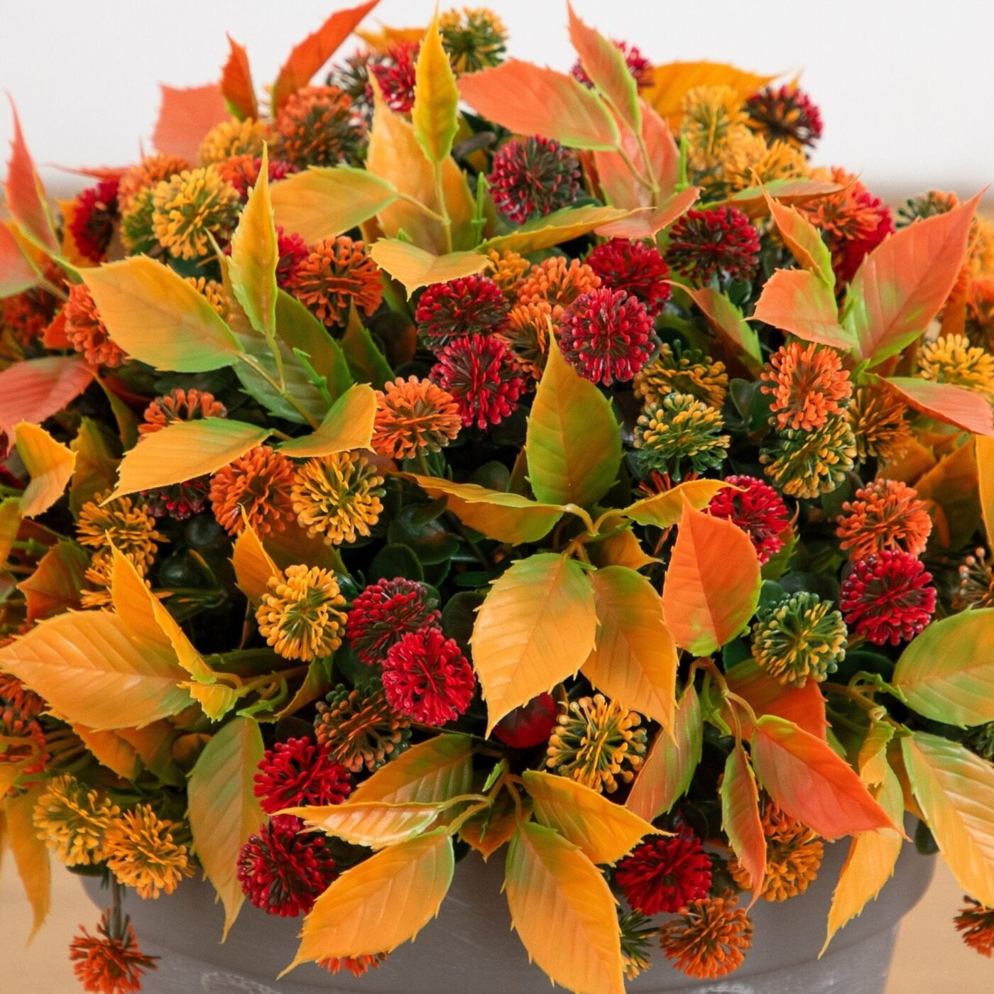15.5" UV Resistant Autumn Artificial Mixed Fall Mum in Decorative Gray Planter (Indoor/Outdoor)