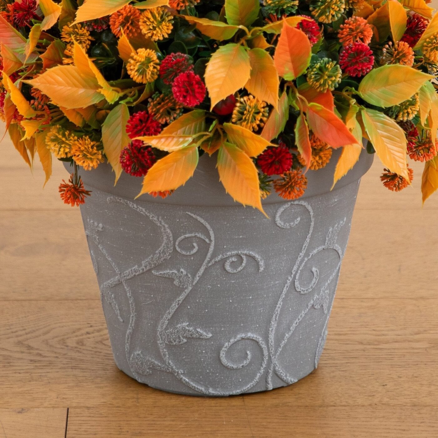 15.5" UV Resistant Autumn Artificial Mixed Fall Mum in Decorative Gray Planter (Indoor/Outdoor)