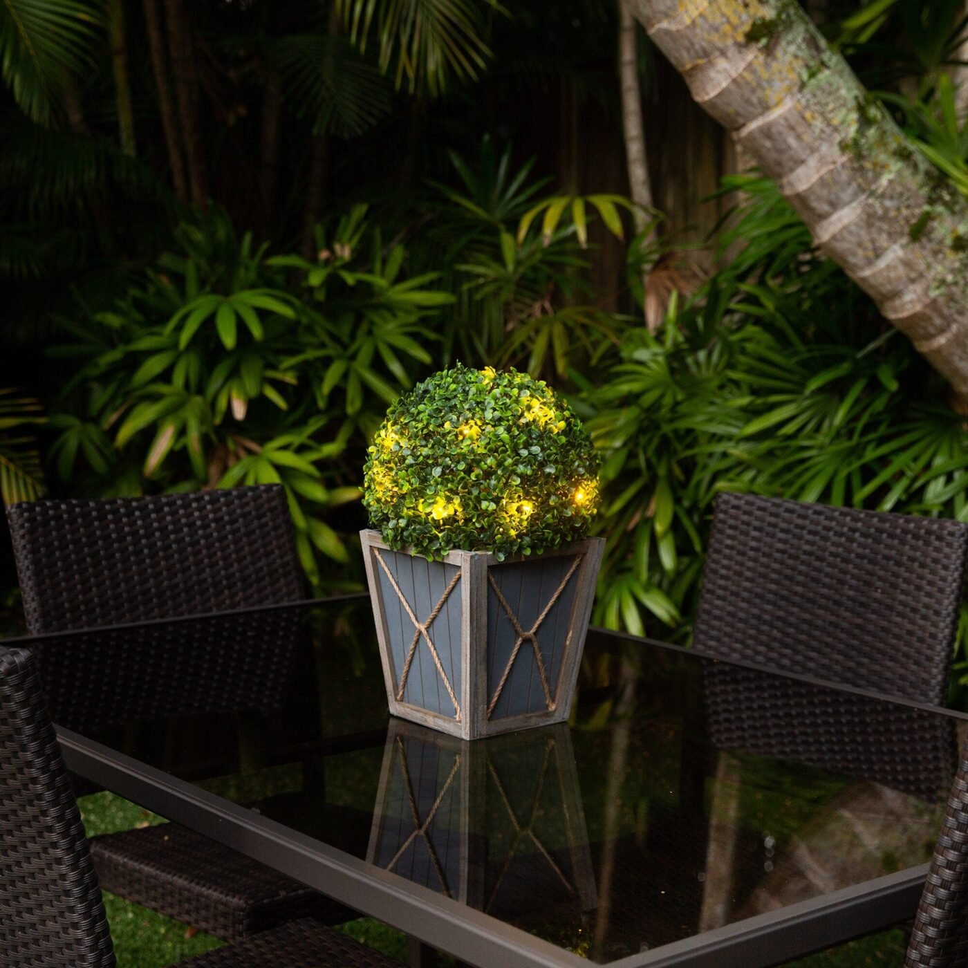 18" UV Resistant Artificial Boxwood Ball Topiary with LED Lights in Decorative Planter (Indoor/Outdoor)