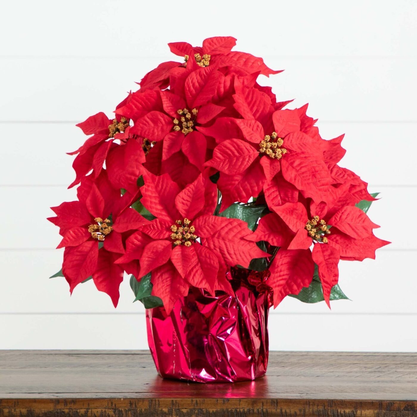 19" Artificial Lush Poinsettia Arrangement in Red Wrapped Planter