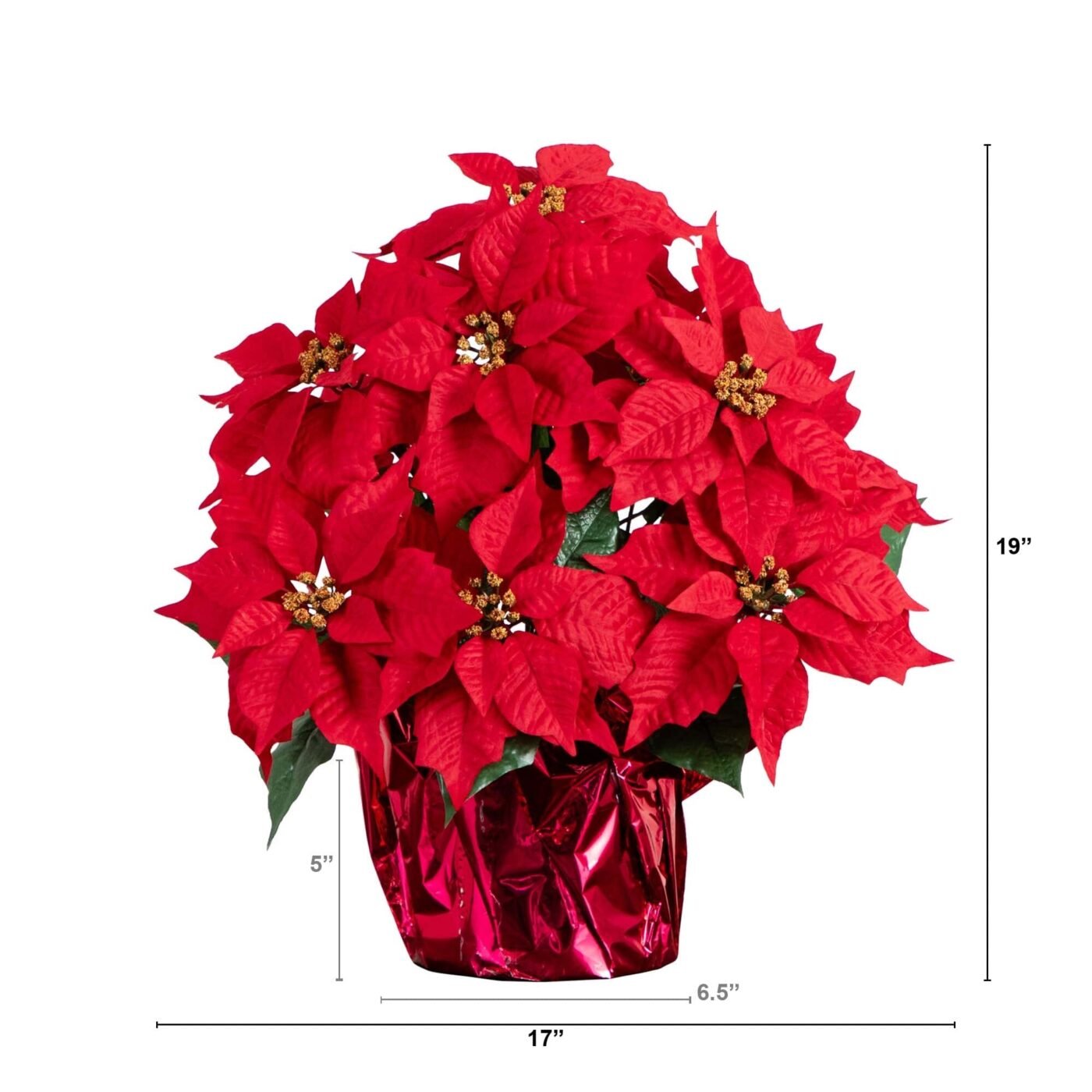 19" Artificial Lush Poinsettia Arrangement in Red Wrapped Planter