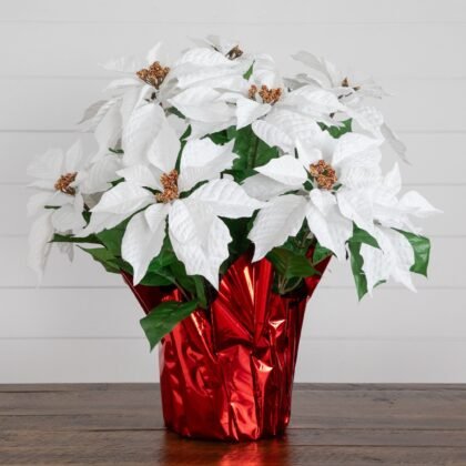 19" Artificial Lush White Poinsettia Arrangement in Red Wrapped Planter
