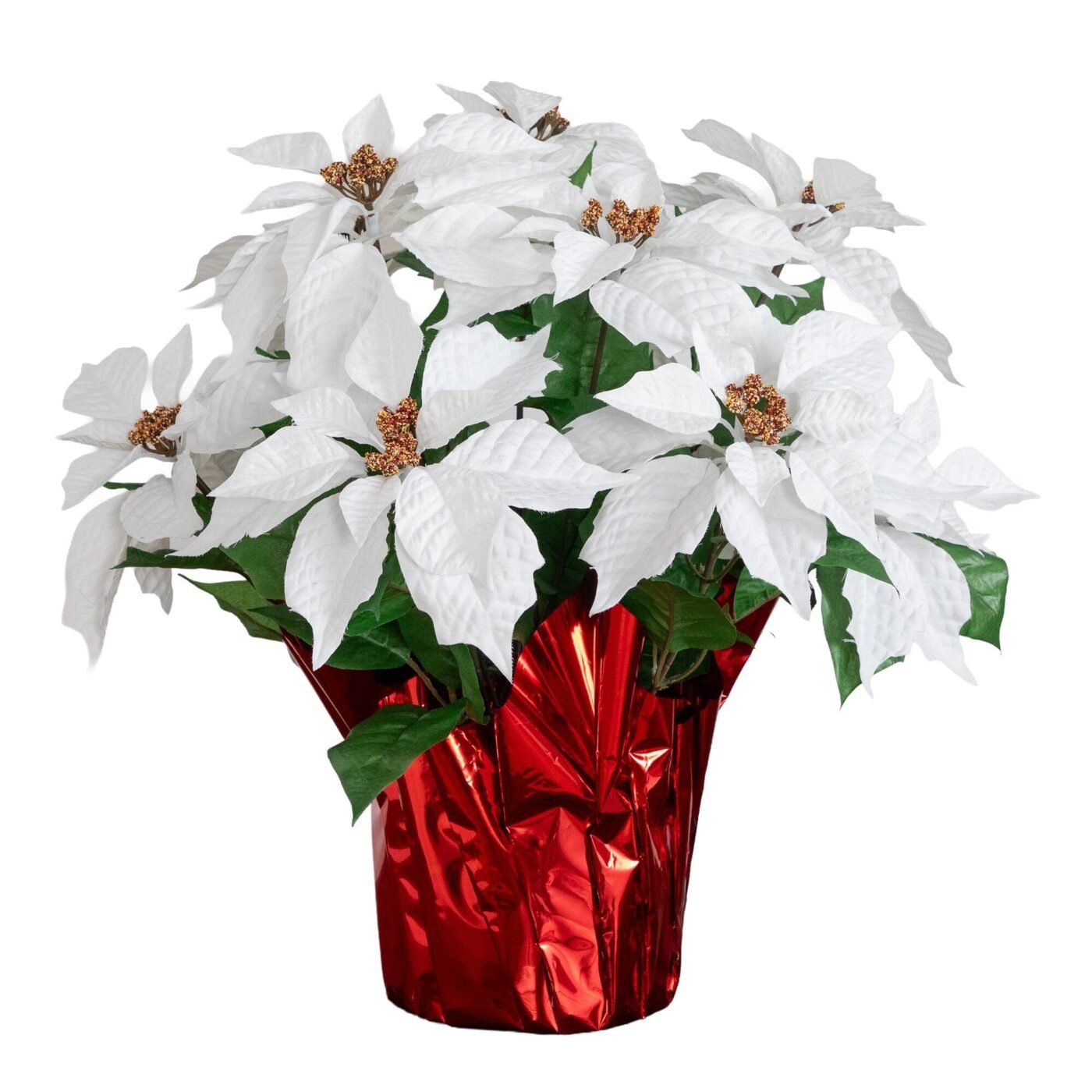 19" Artificial Lush White Poinsettia Arrangement in Red Wrapped Planter