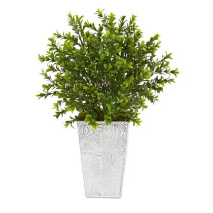 19" Boxwood Artificial Plant in Embossed White Planter (Indoor/Outdoor)