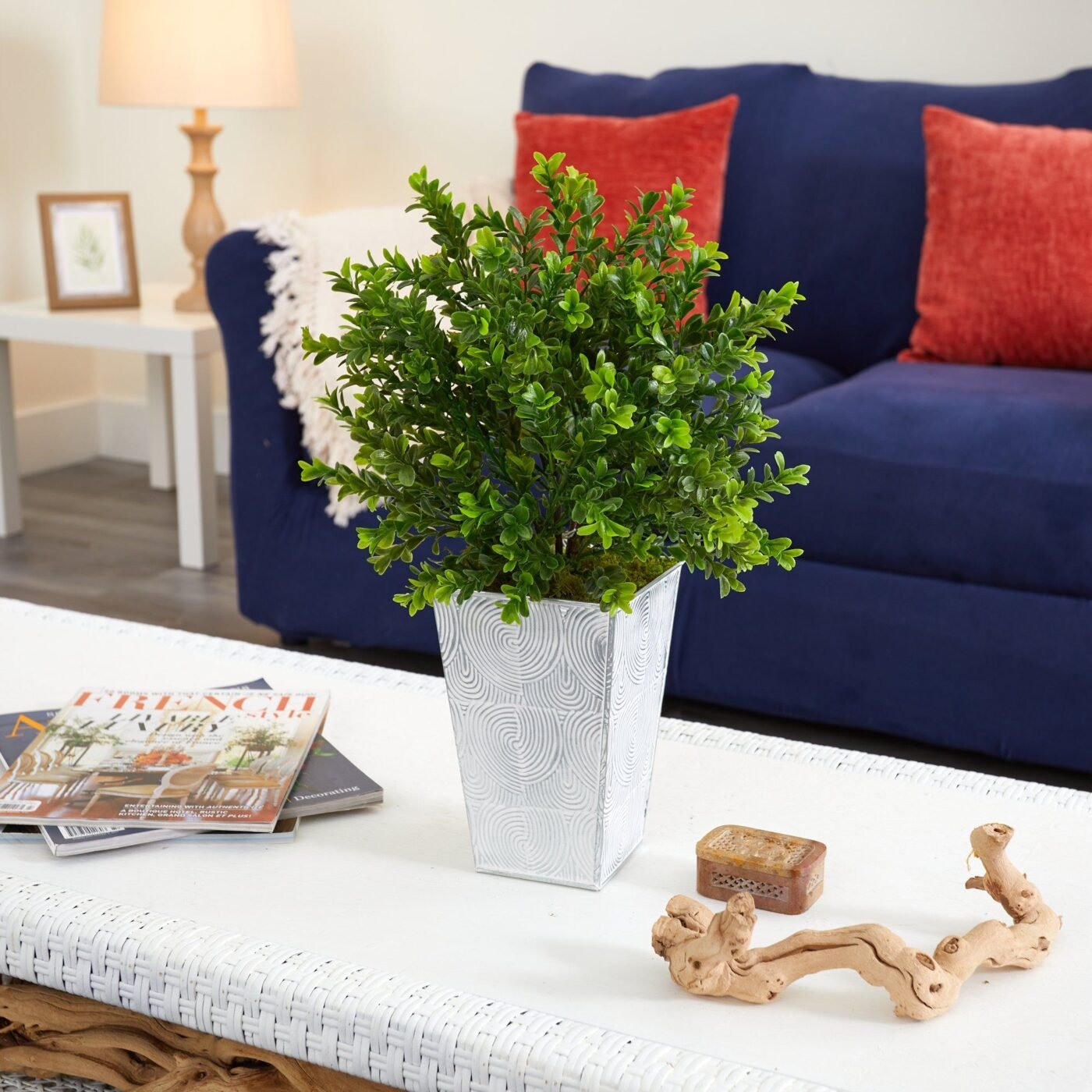 19" Boxwood Artificial Plant in Embossed White Planter (Indoor/Outdoor)