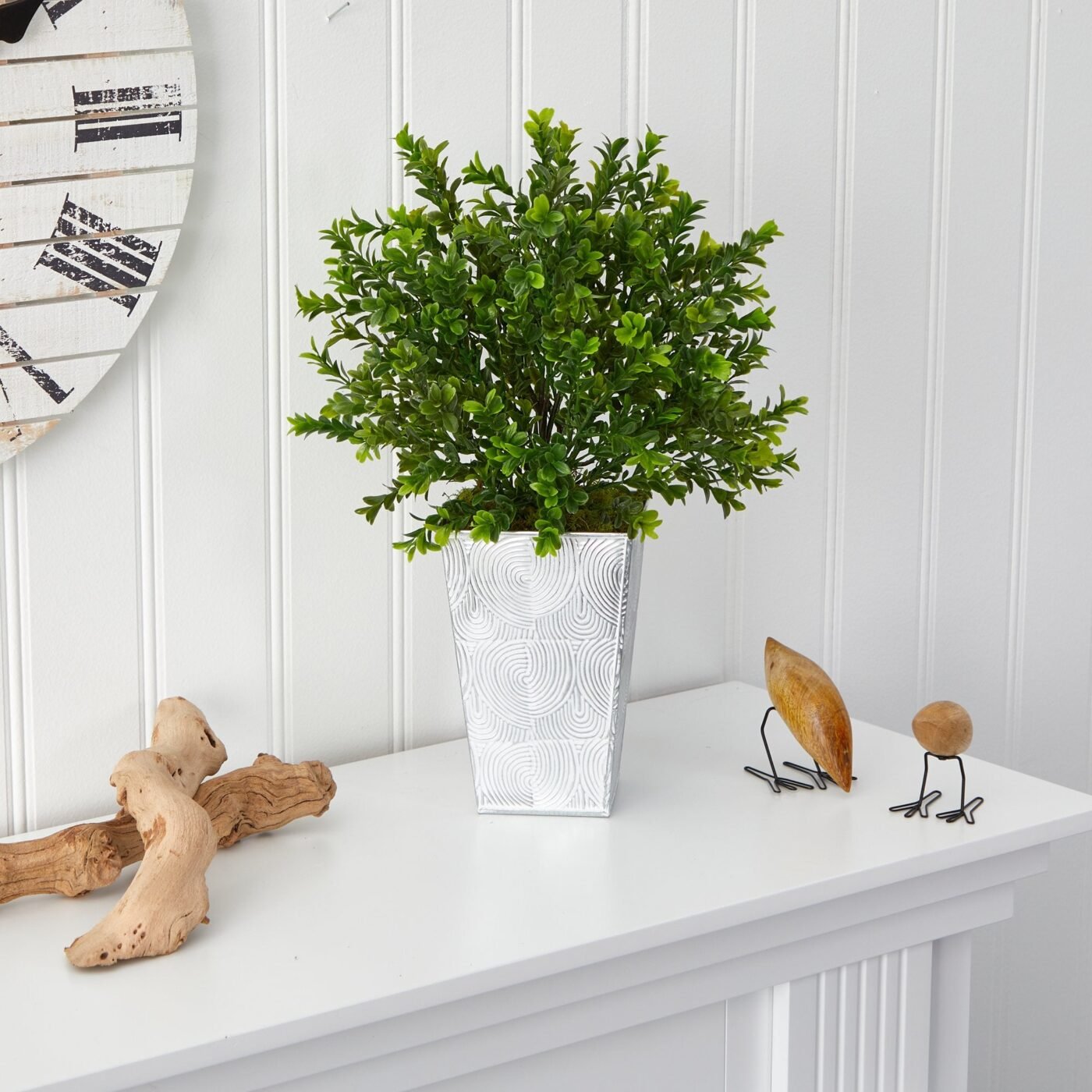 19" Boxwood Artificial Plant in Embossed White Planter (Indoor/Outdoor)
