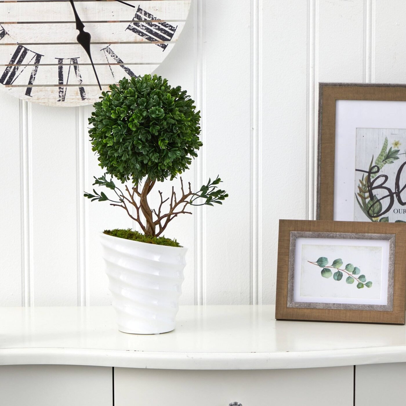 19" Boxwood Topiary Artificial Tree in White Vase (Indoor/Outdoor)