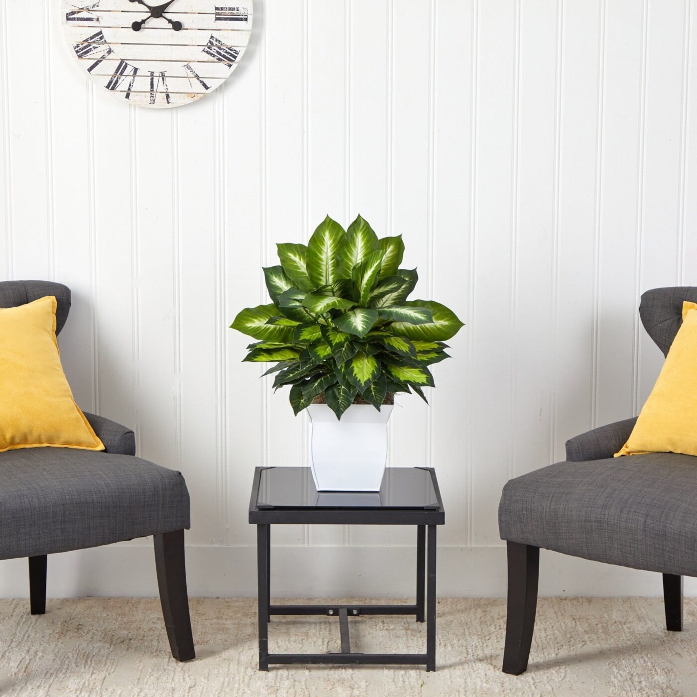 2' Golden Dieffenbachia Artificial Plant in White Metal Planter