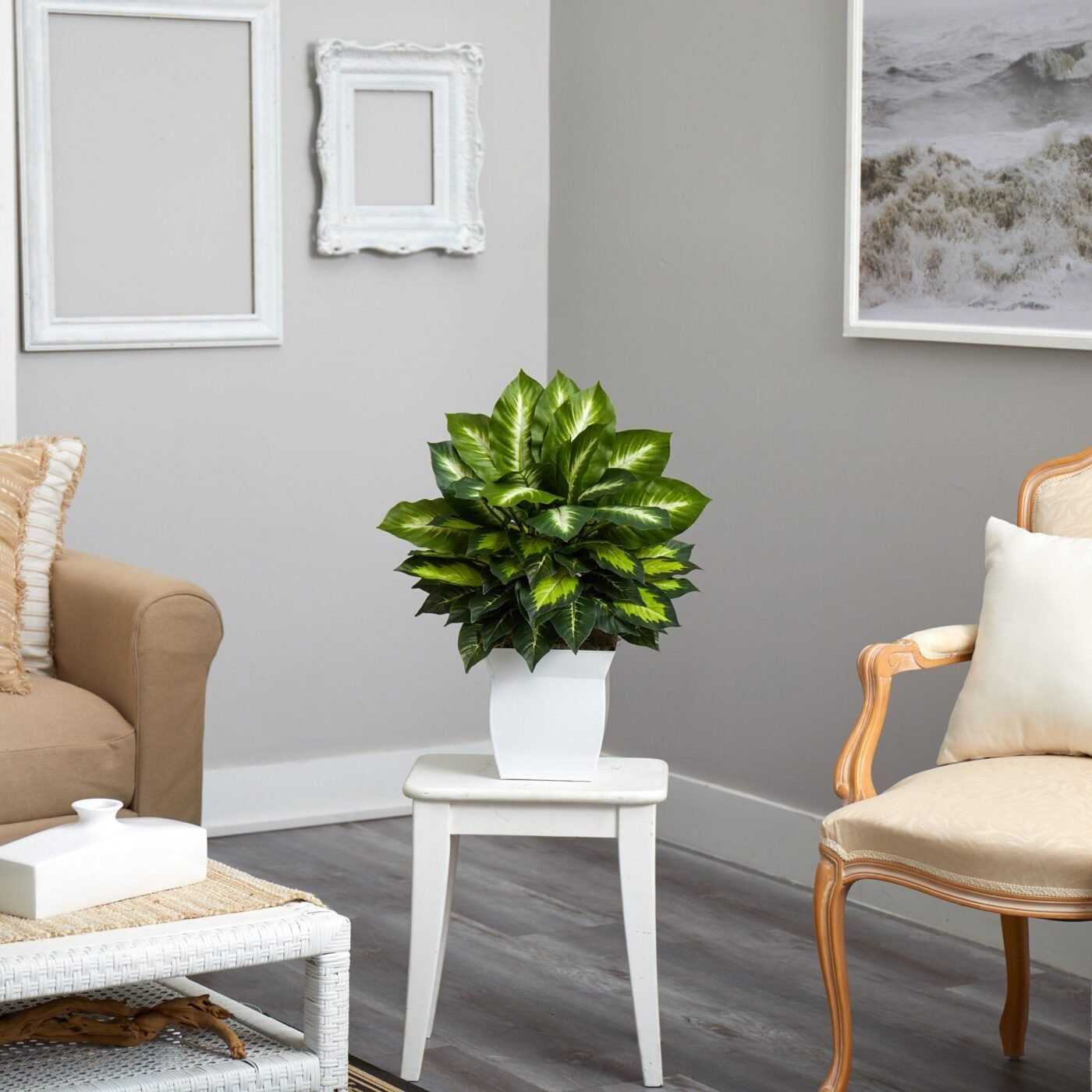 2' Golden Dieffenbachia Artificial Plant in White Metal Planter
