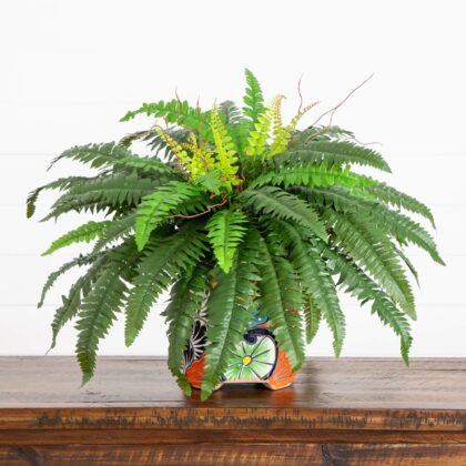 21" Artificial Boston Fern in Handmade Mexican Talavera Ceramic Planter