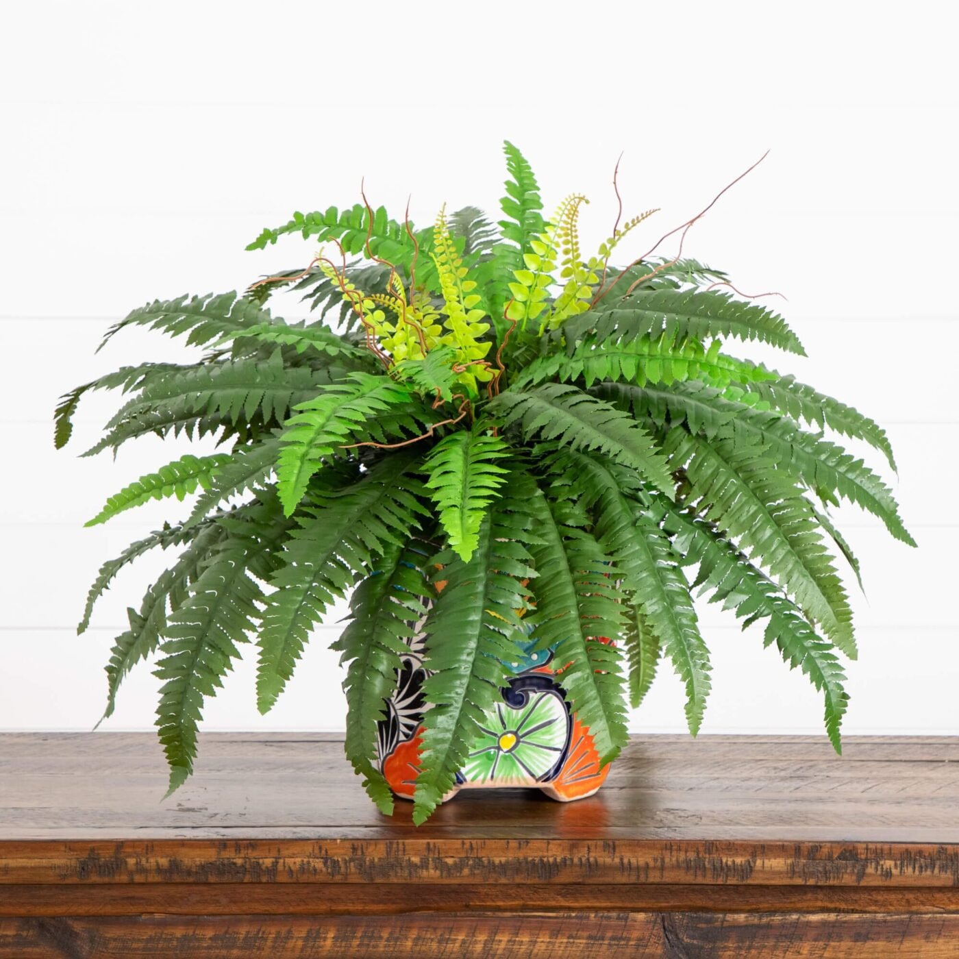 21" Artificial Boston Fern in Handmade Mexican Talavera Ceramic Planter