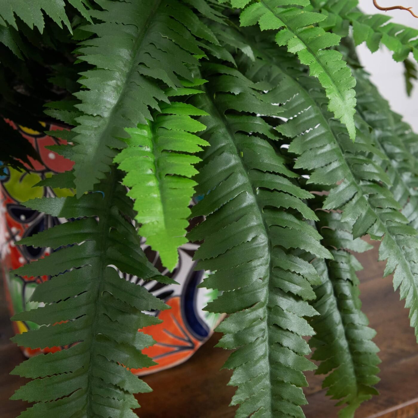 21" Artificial Boston Fern in Handmade Mexican Talavera Ceramic Planter
