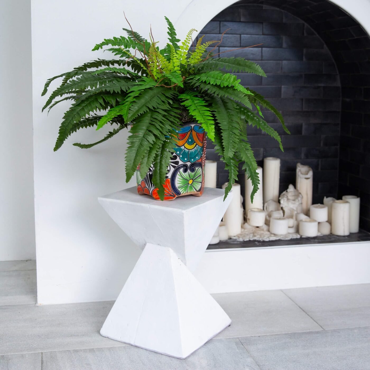 21" Artificial Boston Fern in Handmade Mexican Talavera Ceramic Planter