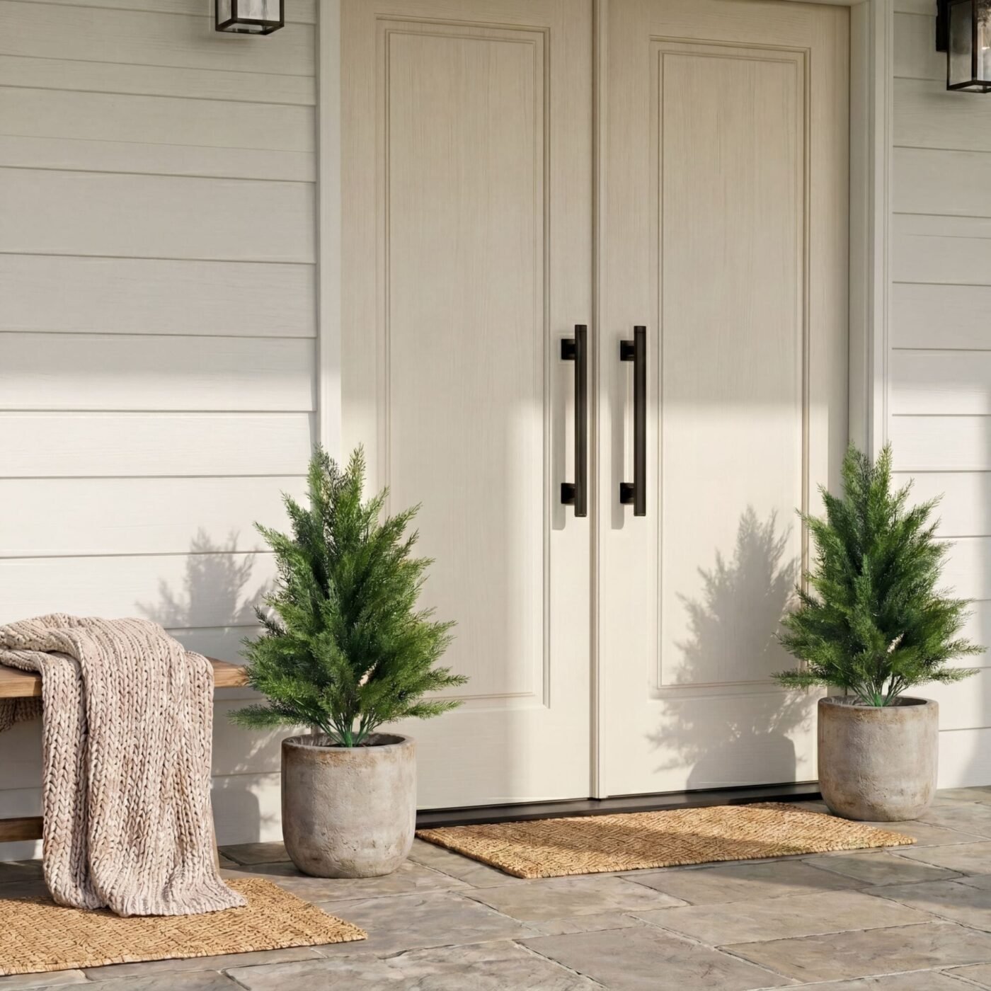22" UV Resistant Artificial Cedar Bush with Integrated Ground Stake (Indoor/Outdoor) - Set of 2
