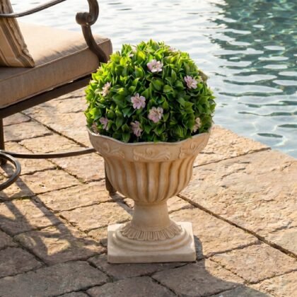22" UV Resistant Artificial Pink Flowering Ball Topiary in Decorative Urn Planter (Indoor/Outdoor)