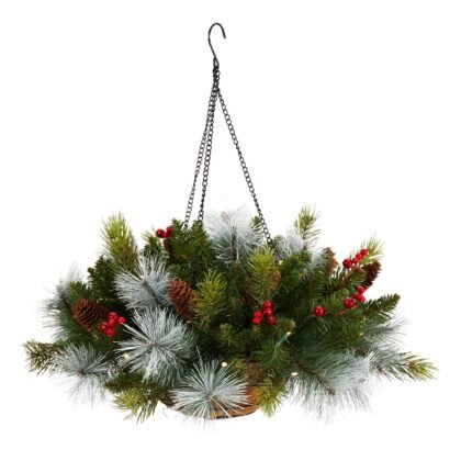 24" Holiday Pre-Lit (30 LED Lights) Pine and Berries Hanging Basket