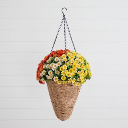 28" UV Resistant Autumn Artificial Fall Mixed Daisy in Cone Hanging Basket (Indoor/Outdoor)